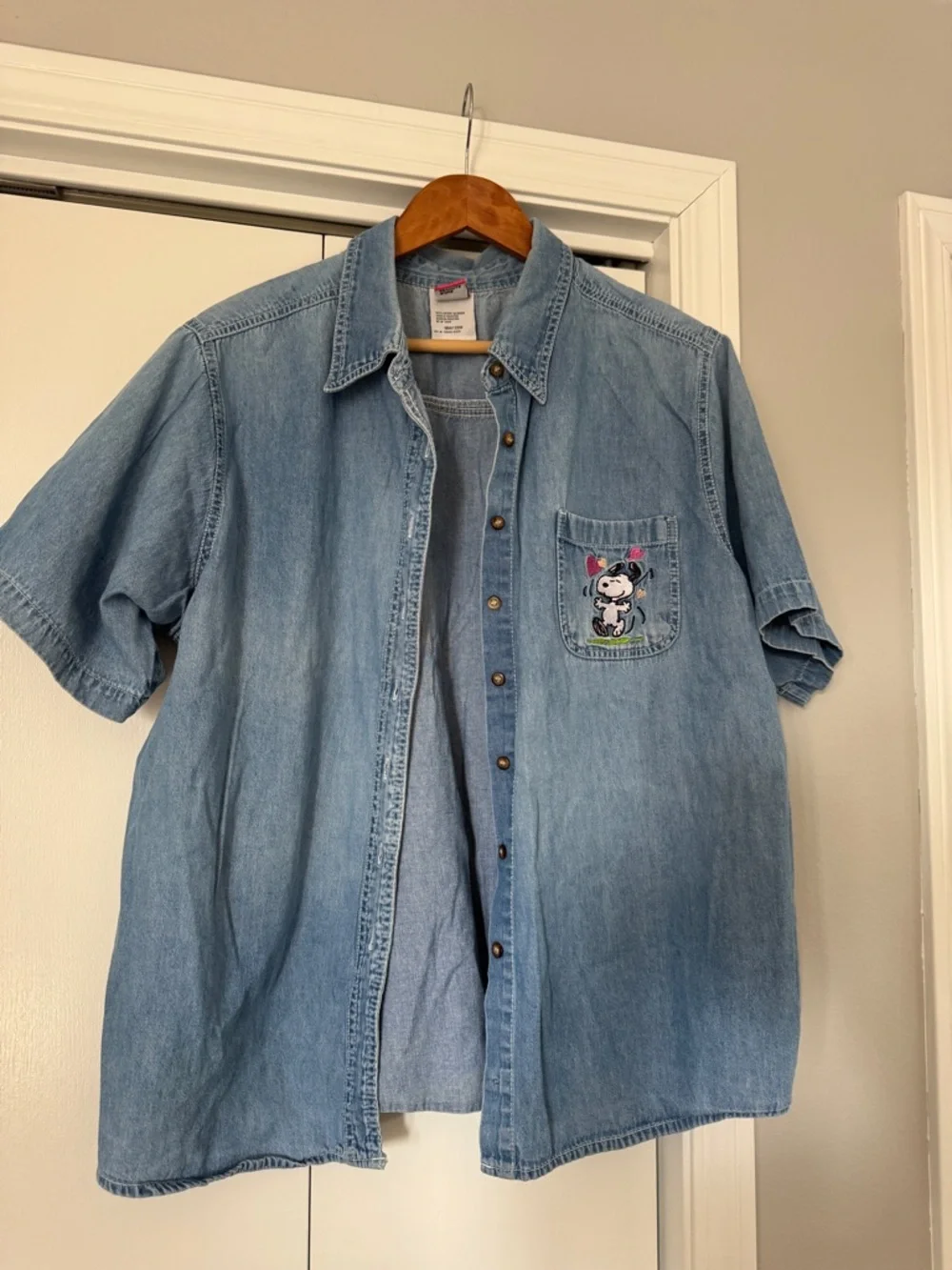 Vtg 90s Peanuts Snoopy Embroidered Denim Button Down Shirt Plus Size 18W/20W - Picture 7 of 8